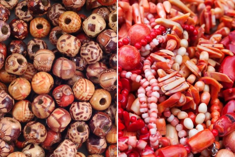 Coral beads are made from the skeletons of marine organisms, while wooden beads are made from various types of wood.
